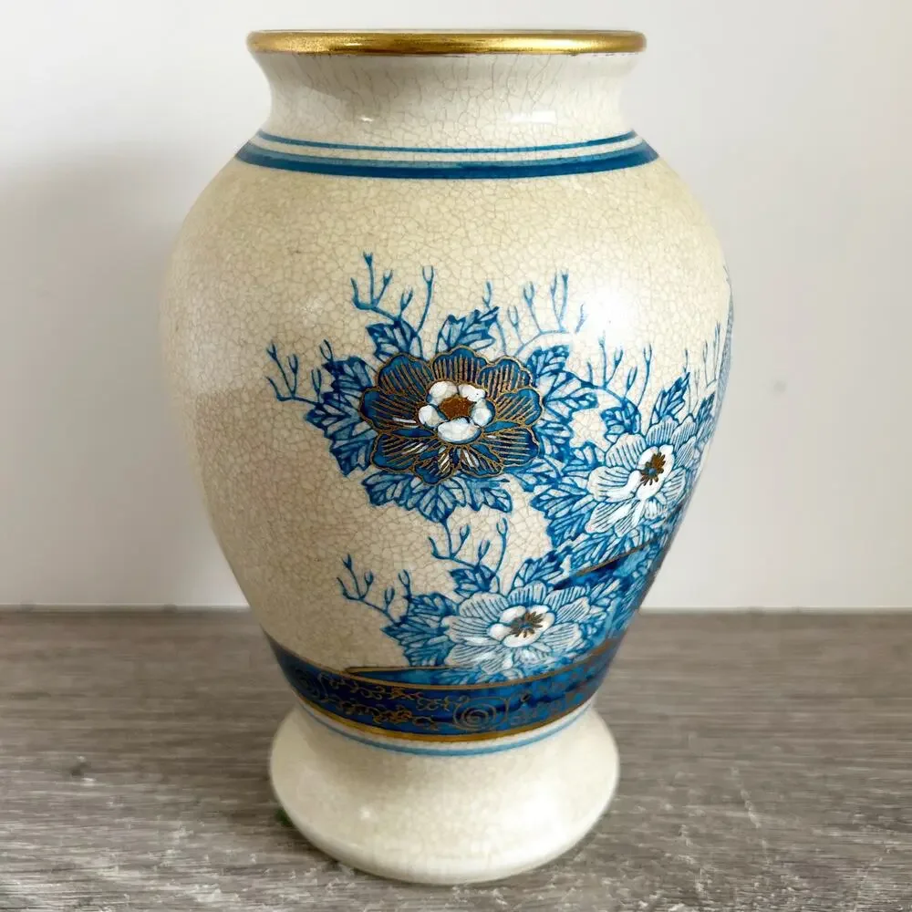 VNTG Japanese Blue/Gold Crackle Finish Porcelain Vase w/ Peacock & Sakura Design